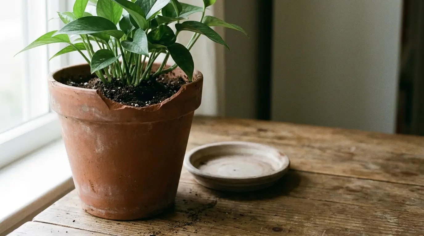 Potted plant in a terracotta pot on rustic wooden table by a window