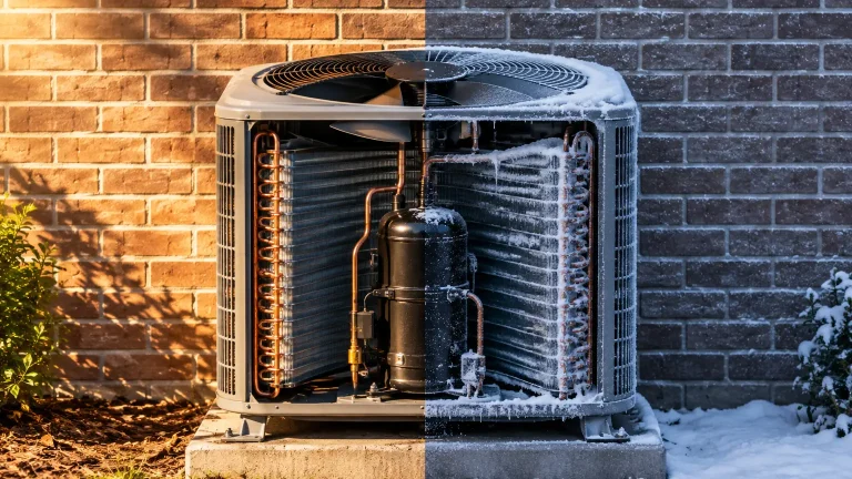 Outdoor HVAC unit with half sunlit and half covered in frost against brick wall