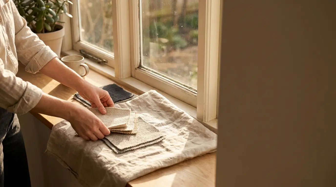 Person arranging fabric swatches on a windowsill with potted plant and coffee cup nearby