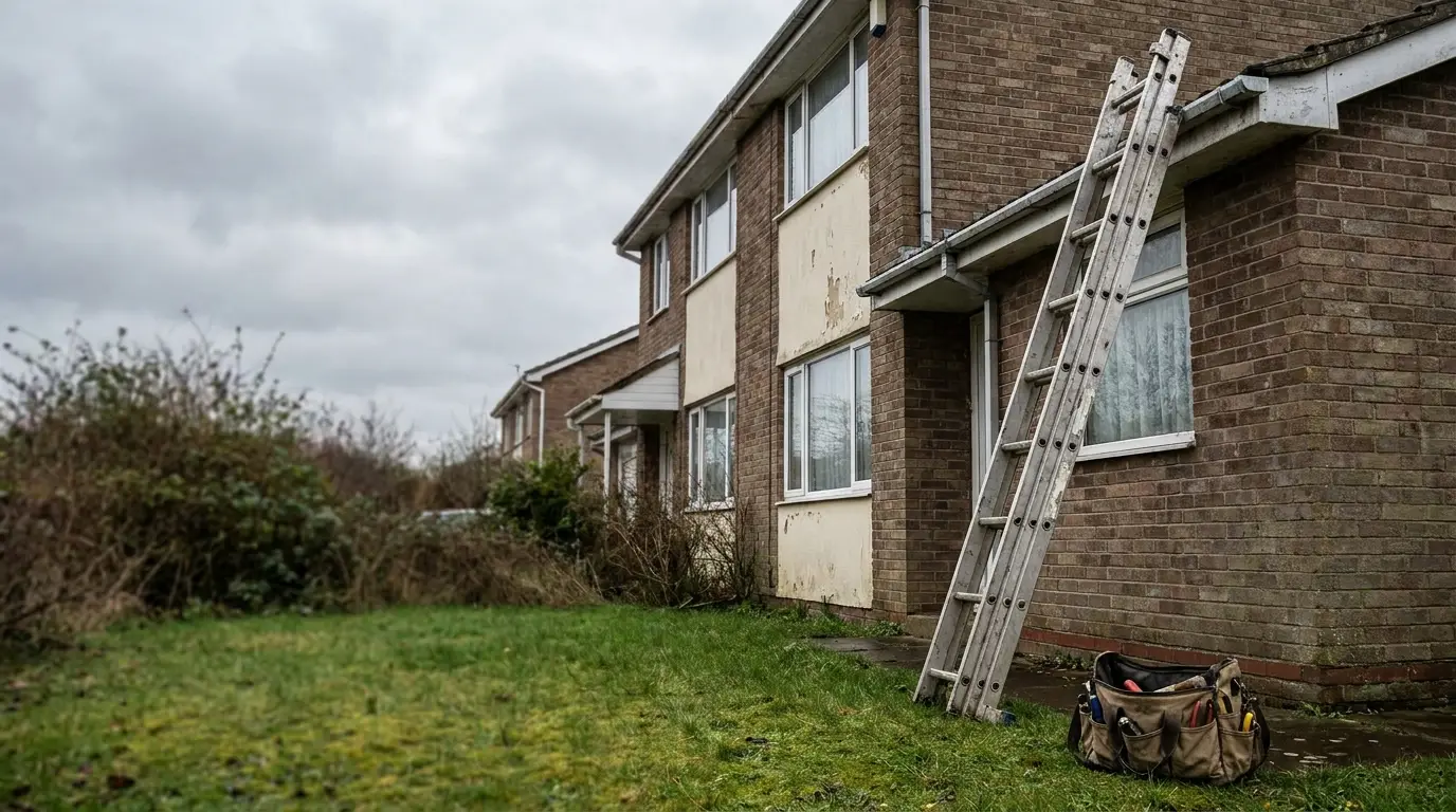 Ladder leaning against brick house with tool bag on grassy lawn under cloudy sky