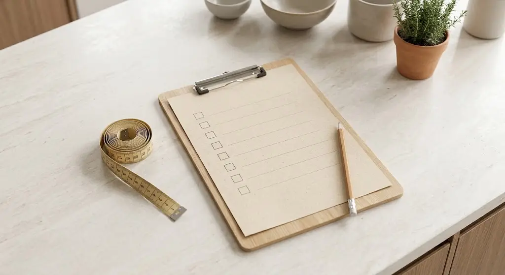 Clipboard with checklist and pencil on marble countertop next to tape measure and potted plant