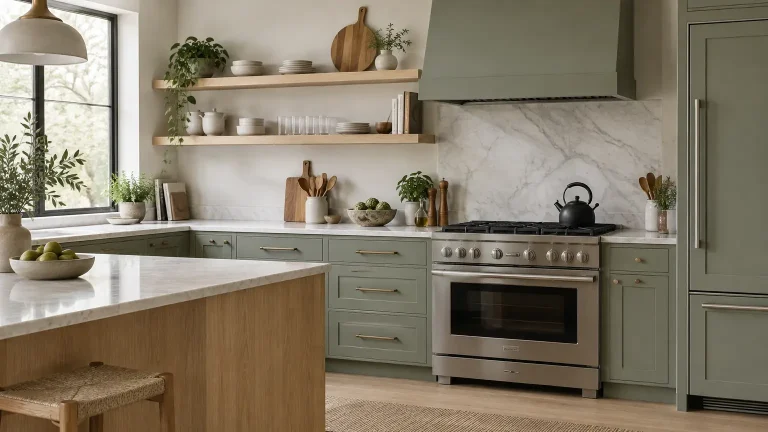 Modern kitchen with green cabinets, marble countertops, and open wooden shelves displaying tableware