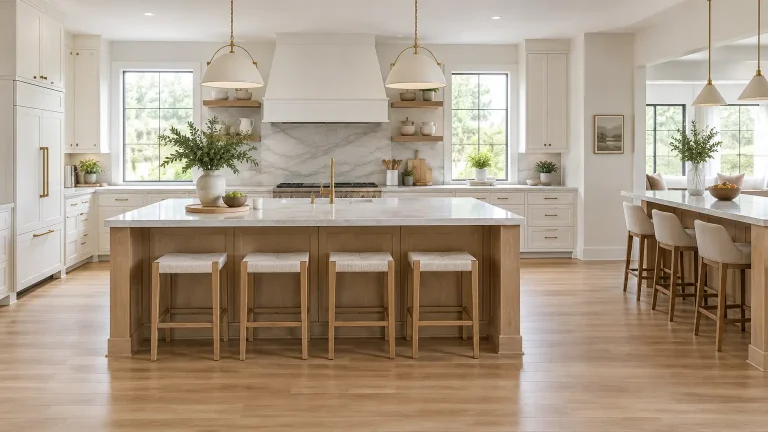 Spacious modern kitchen with large island, bar stools, pendant lights, and wooden flooring