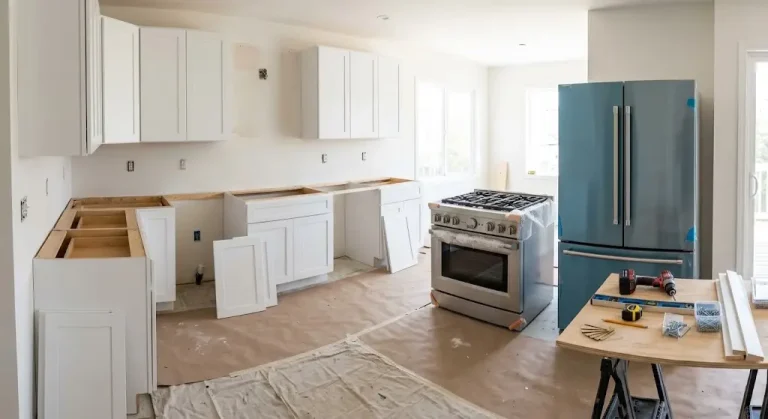 Kitchen renovation scene with white cabinets, stainless steel stove, and blue refrigerator, tools on wooden table