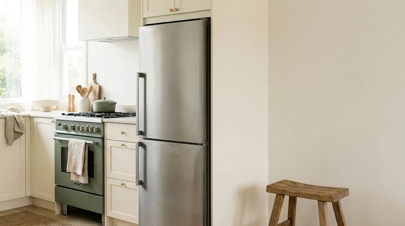 Stainless steel refrigerator and green stove in bright, minimalist kitchen with wooden stool
