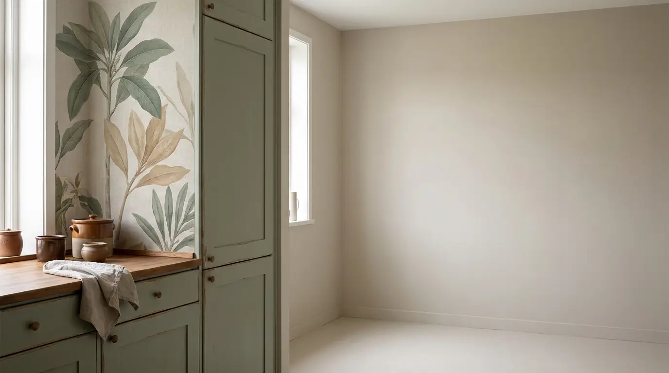 Light-filled room with green cabinets, botanical wallpaper, and wooden countertop with jars