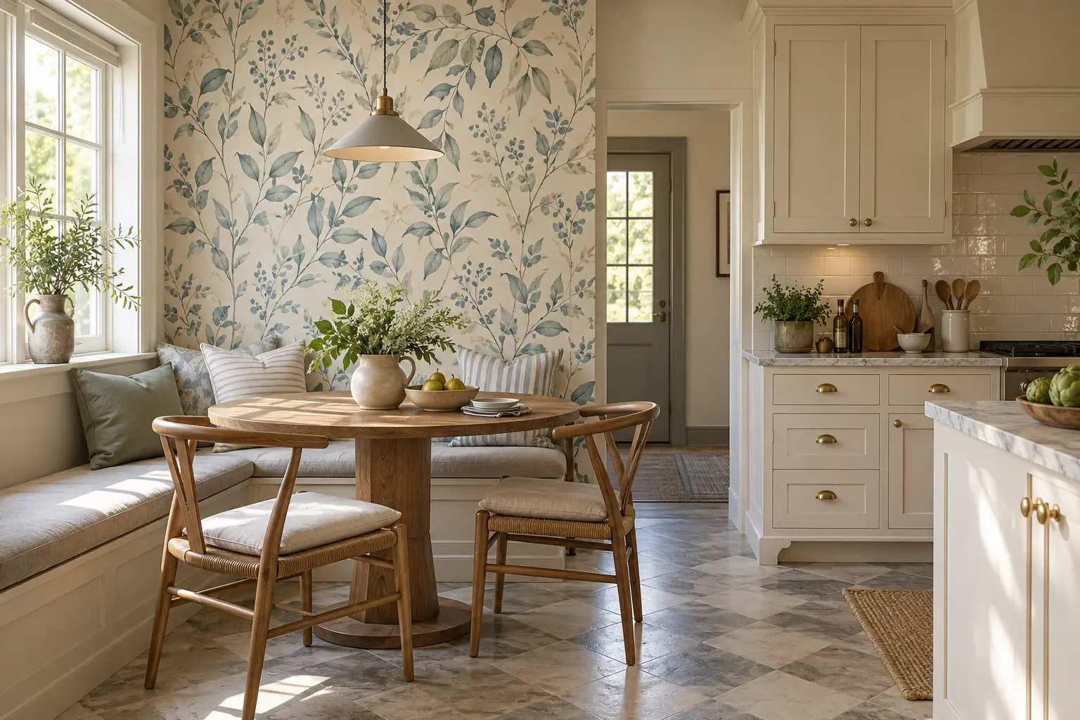 Cozy breakfast nook with wooden table and chairs, floral wallpaper, natural light through window