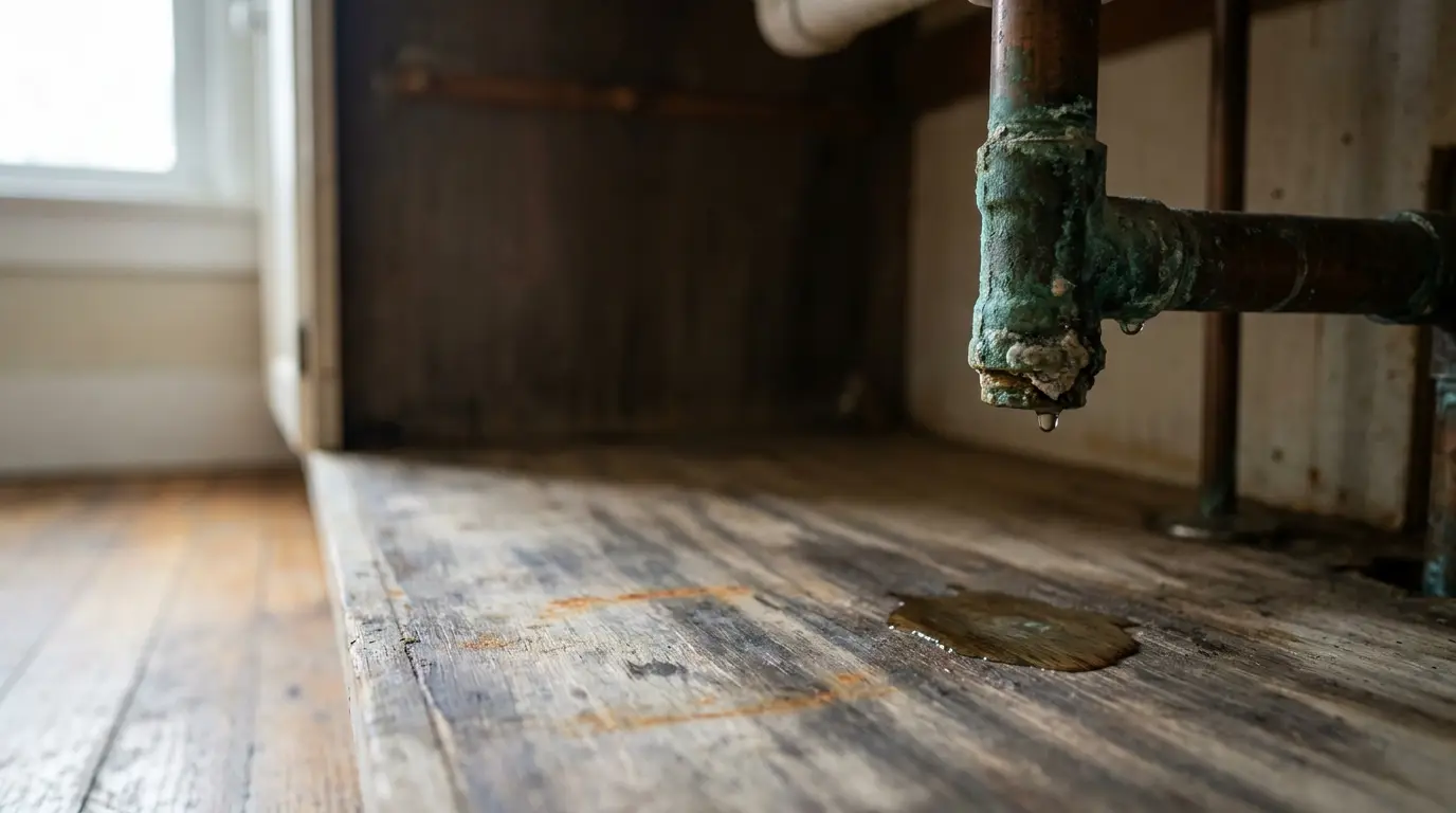 Leaking corroded pipe under a sink causing water puddle on wooden floor