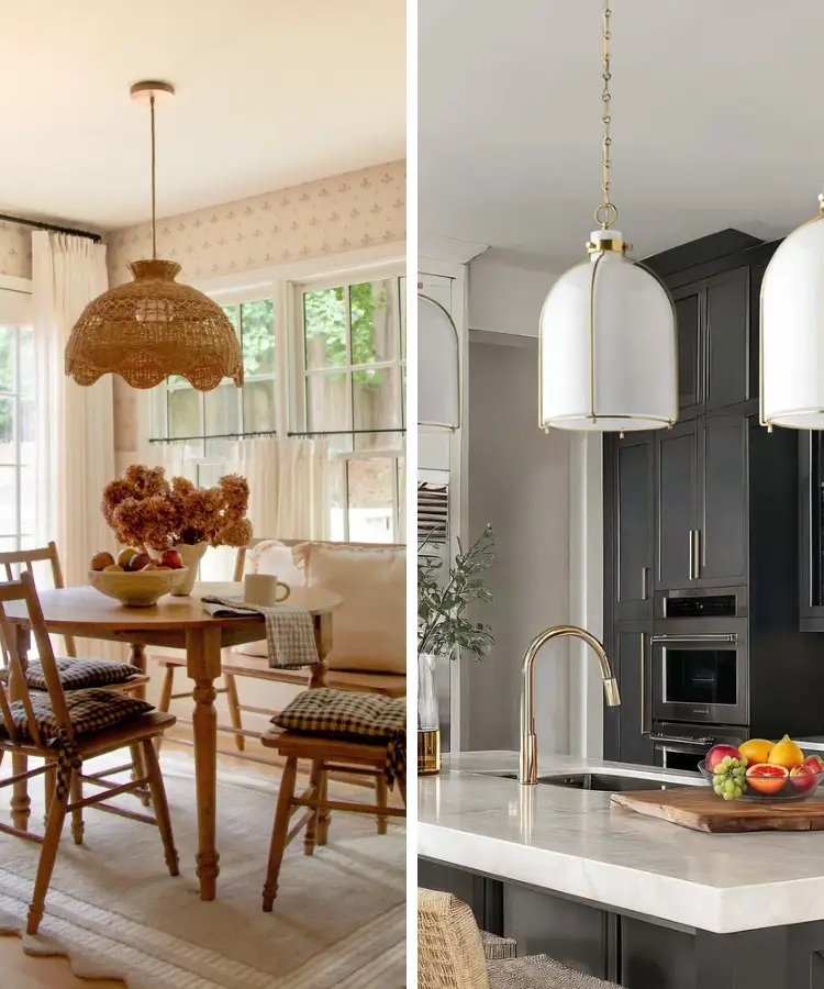 Dining area with wooden table and chairs next to modern kitchen with marble countertop and black cabinets