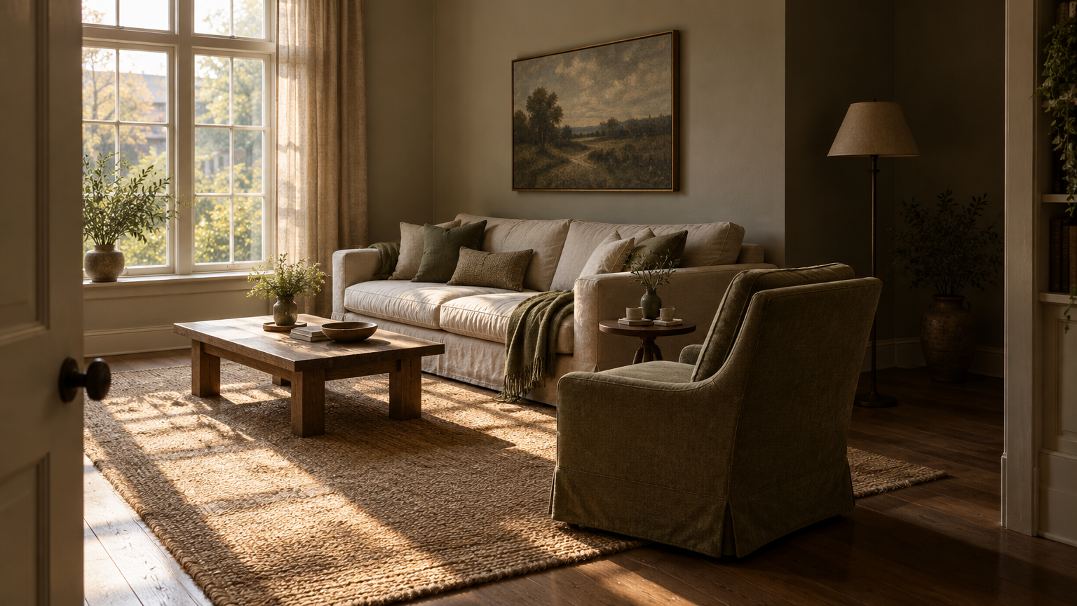Cozy living room with beige sofa, wooden coffee table, large window letting in natural light