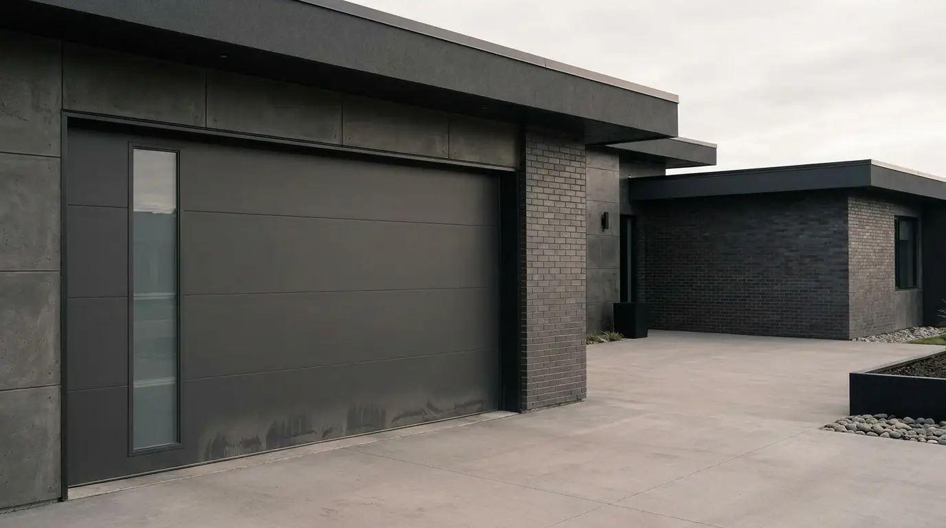 Modern minimalist house exterior with dark brick facade and large garage door on cloudy day