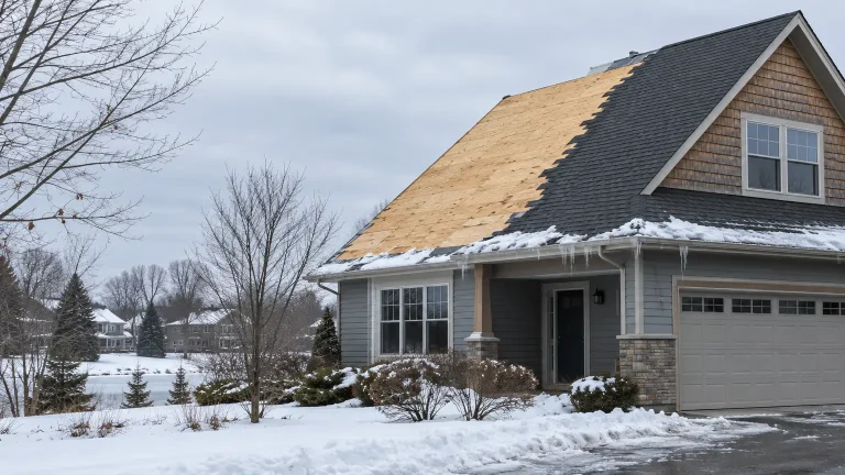 House with partially completed roof in snowy suburban neighborhood with overcast sky