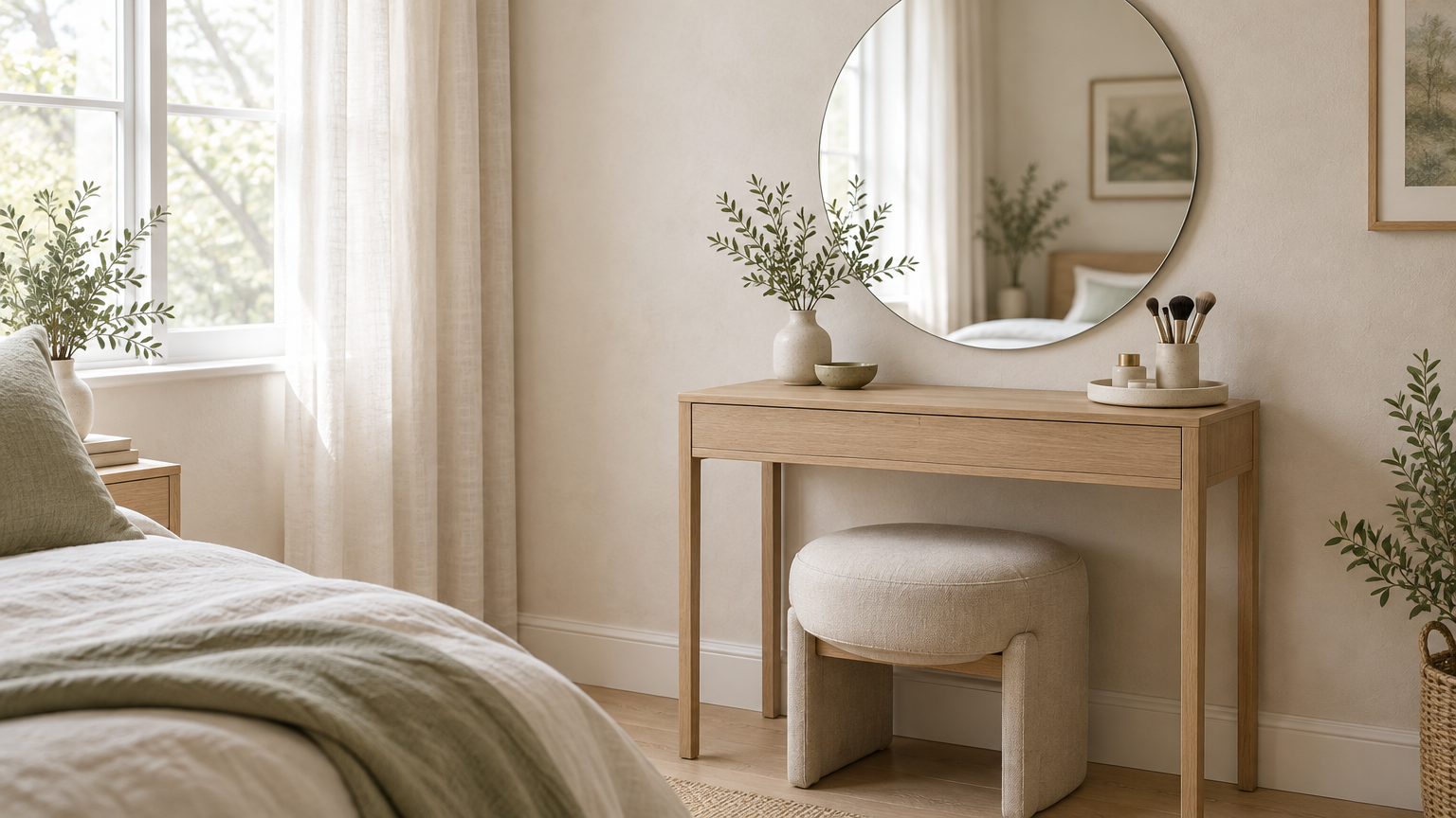 Vanity table with round mirror and vase in serene bedroom with natural light