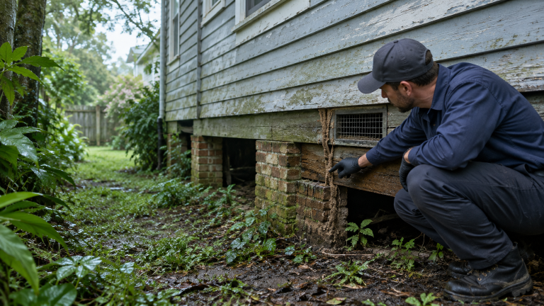 Man inspecting house foundation for termites in damp outdoor setting