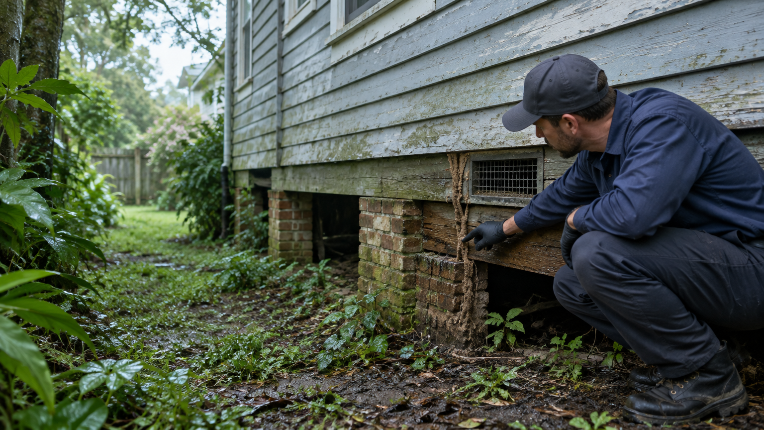 Man inspecting house foundation for termites in damp outdoor setting