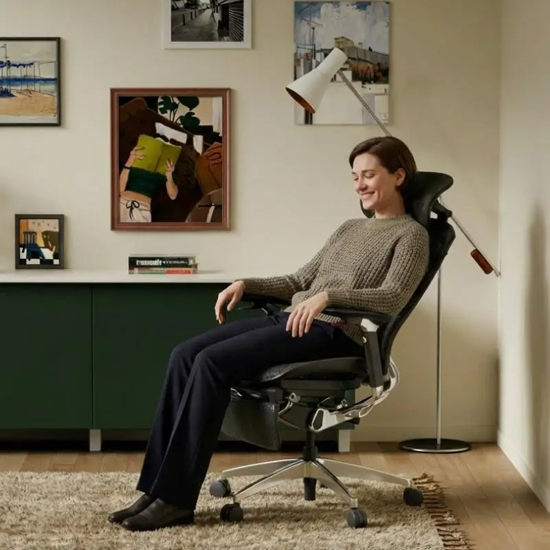 Person relaxing in ergonomic chair in cozy living room with wall art and floor lamp