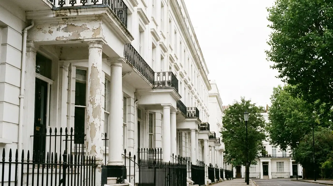 White terrace houses with black railings and trees lining a quiet street