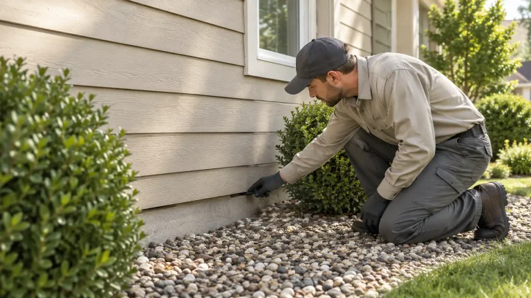 Man inspecting house foundation with tool on gravel landscape in sunny garden setting