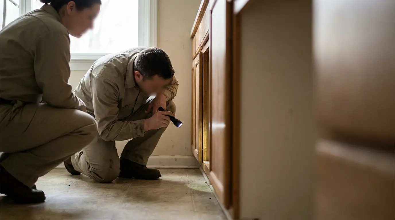 Two people examining kitchen cabinet interior with flashlight in dimly lit room