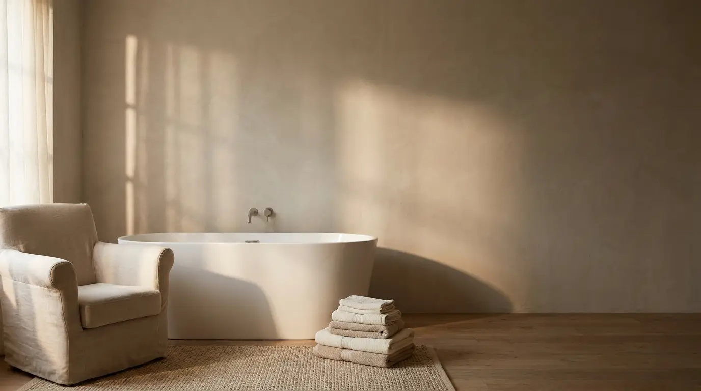 Freestanding white bathtub next to armchair and stacked towels in sunlit minimalist bathroom