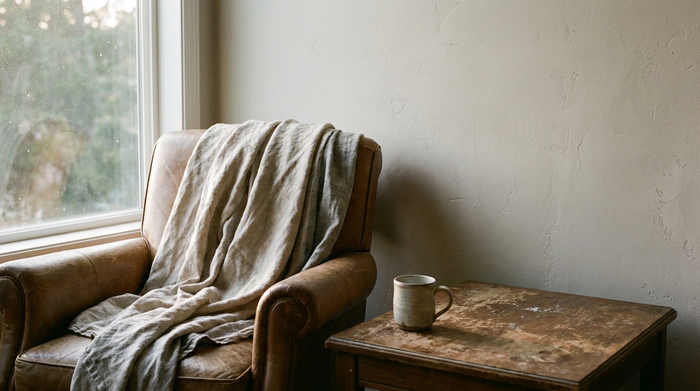 Leather armchair with draped blanket beside wooden table holding ceramic mug in cozy room