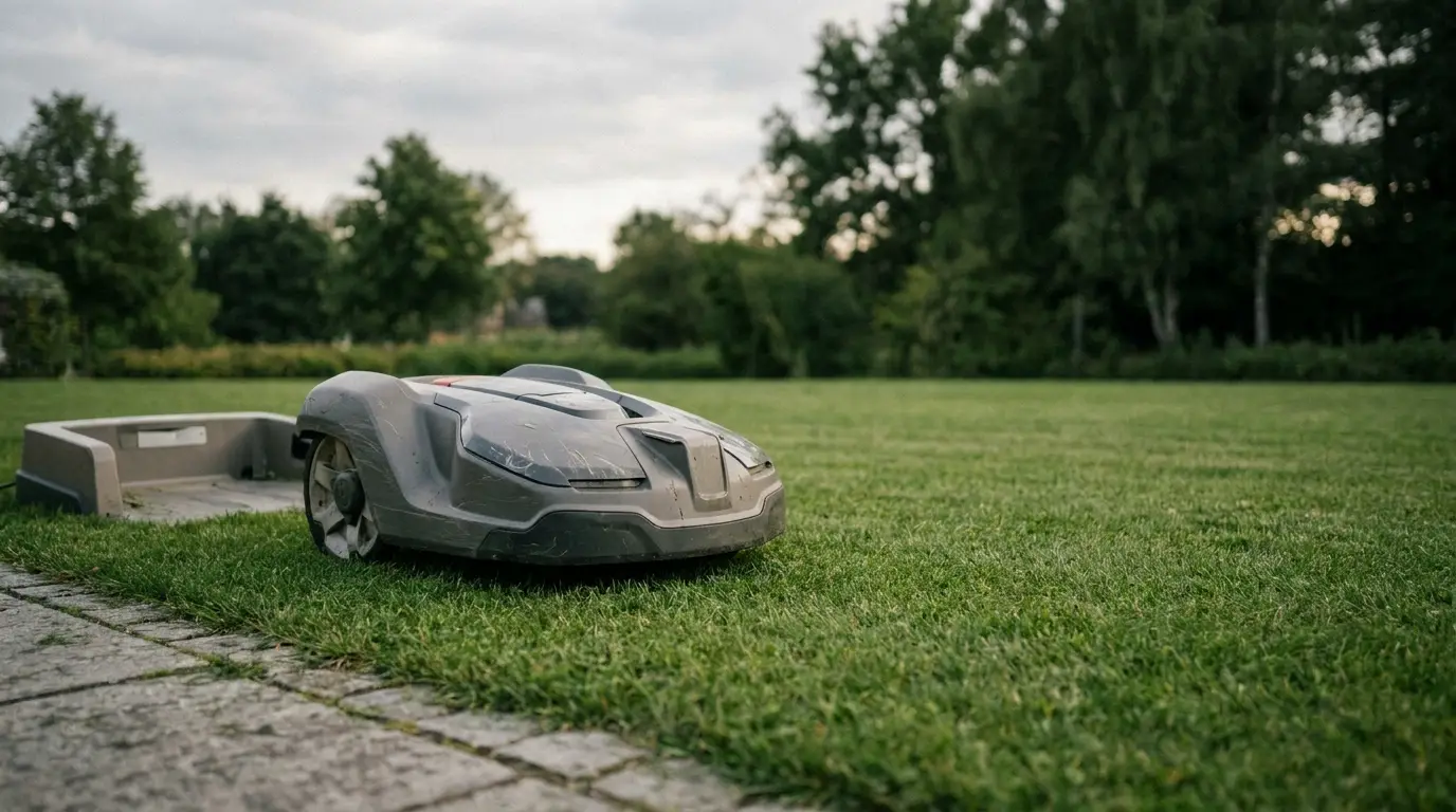 Robotic lawnmower on green grass in a spacious garden setting