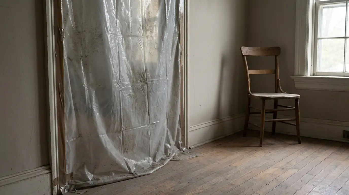 Doorway of an empty room sealed with taped plastic sheeting to contain asbestos dust in a home