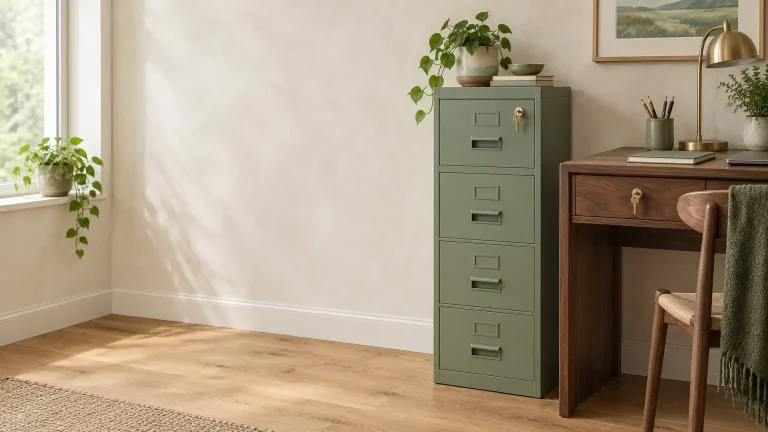 Green filing cabinet and dark wood desk with plants in a cozy home office setting
