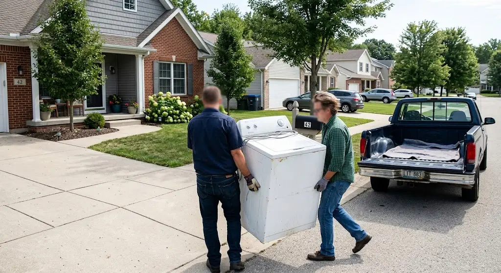 Two people moving a washing machine towards a pickup truck in a suburban neighborhood