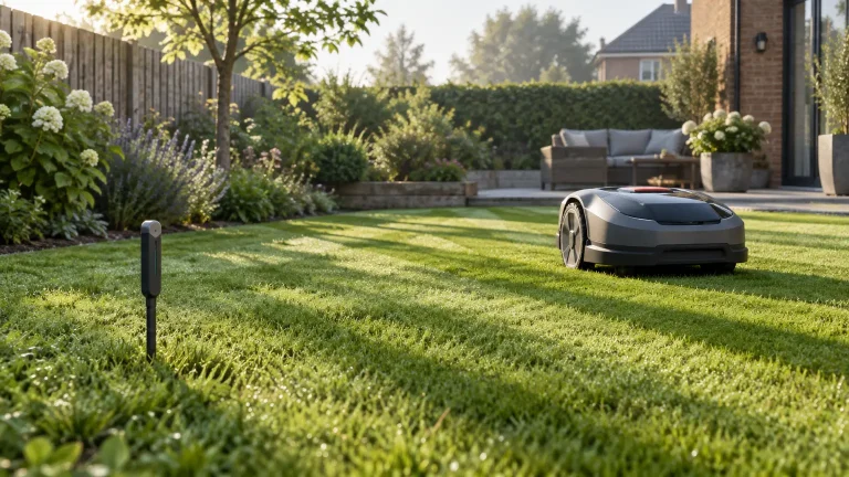 Robotic lawn mower on a neatly trimmed lawn in a sunlit backyard garden