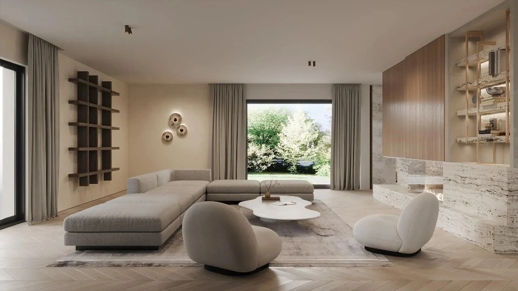 Modern living room with beige sectional sofa, round coffee tables, and floor-to-ceiling window overlooking garden