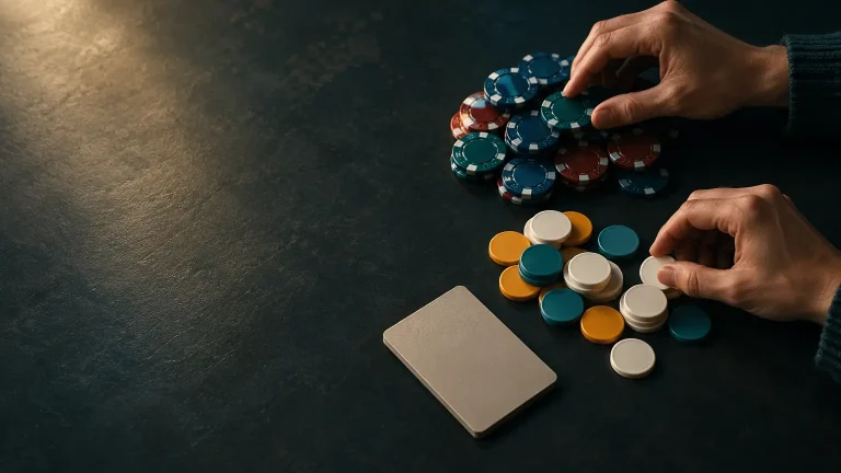 Poker chips and cards on a dark table with hands organizing chips