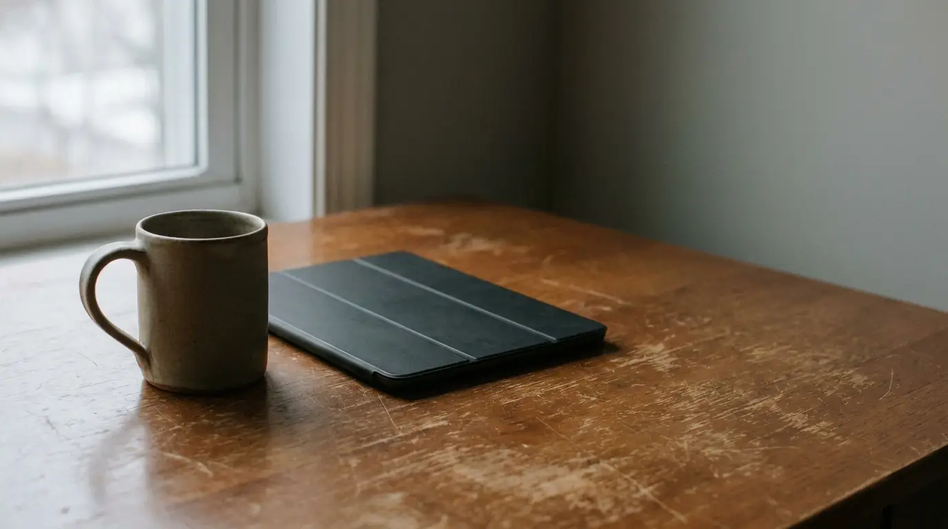 Mug and closed tablet on wooden table near window in natural light
