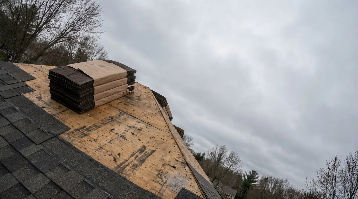 Stack of roofing shingles on wooden roof under cloudy sky