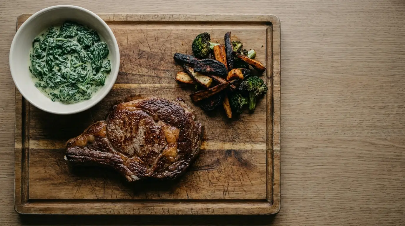 Seared ribeye steak with creamed spinach and roasted vegetables on wooden cutting board