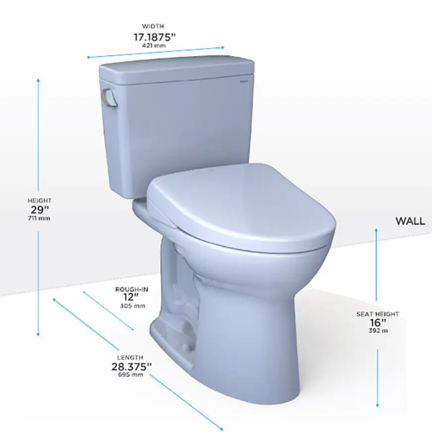 White ceramic toilet with measurements displayed in diagram format on a plain background