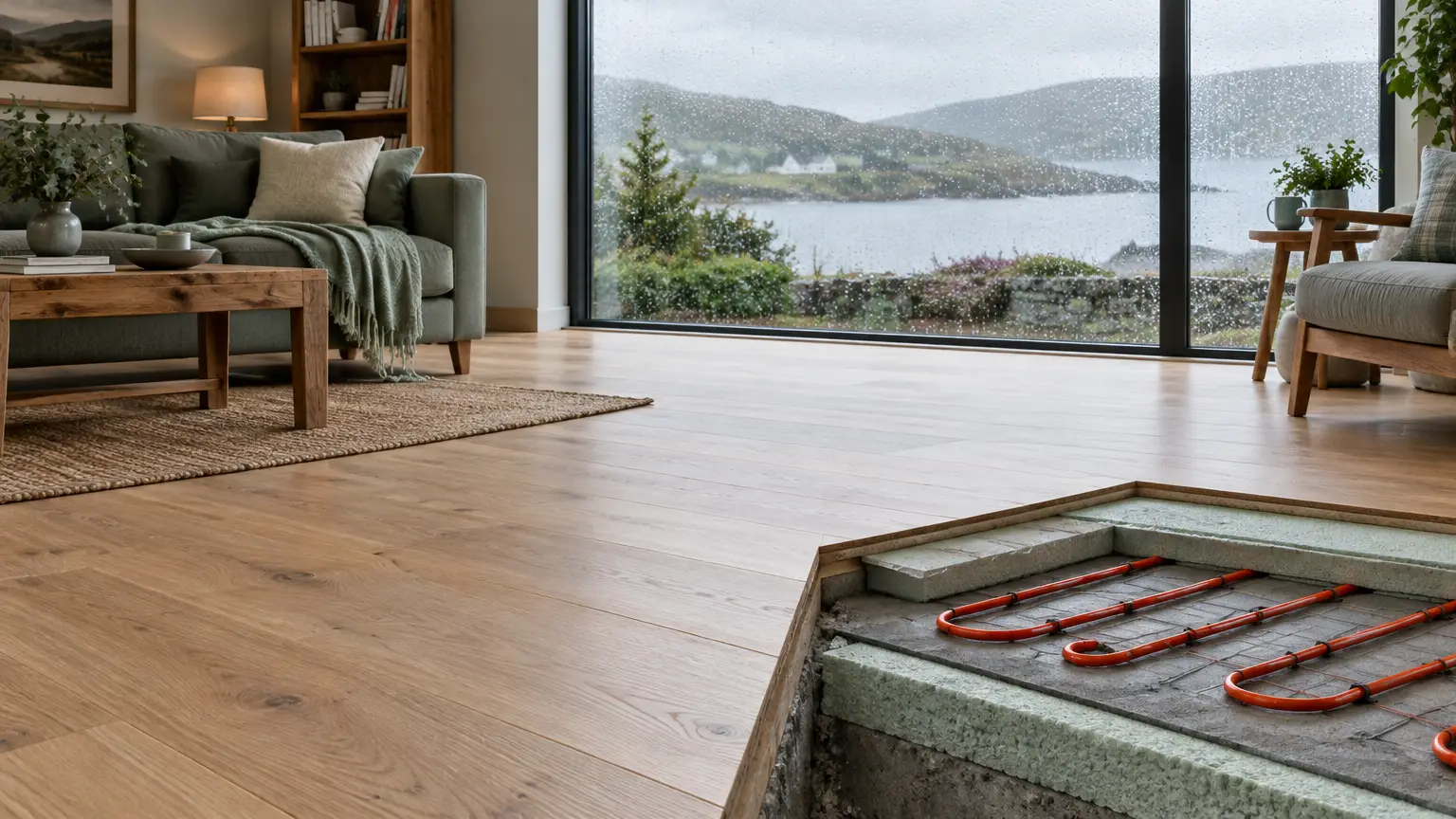 Modern living room with exposed underfloor heating coils and large window overlooking rainy landscape