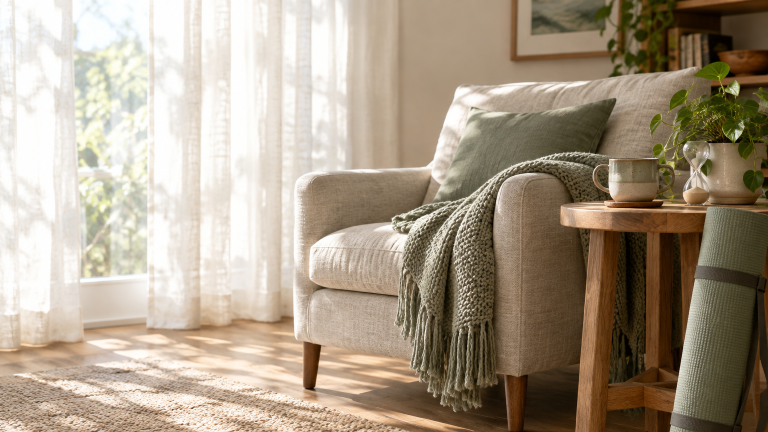 Cozy beige armchair with green throw blanket in sunlit living room corner