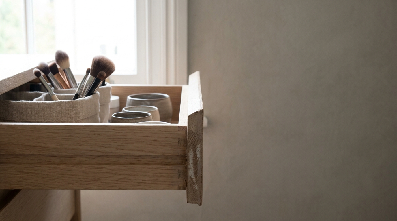 Makeup brushes and ceramic cups organized in open wooden drawer with soft natural lighting