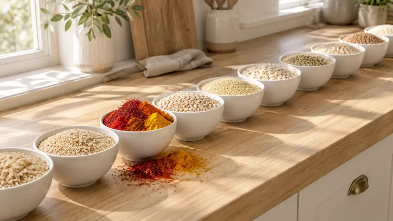 Bowls of grains and spices on wooden kitchen counter under natural sunlight