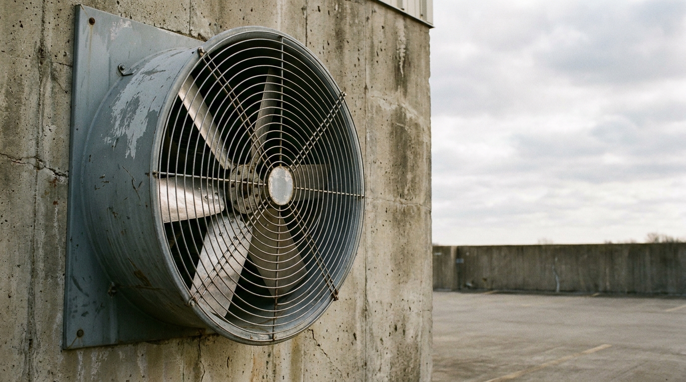 Large industrial exhaust fan mounted on concrete wall outdoors under overcast sky