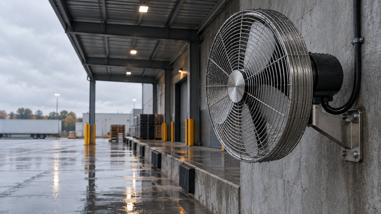 Industrial fan on concrete wall by loading dock in wet outdoor setting